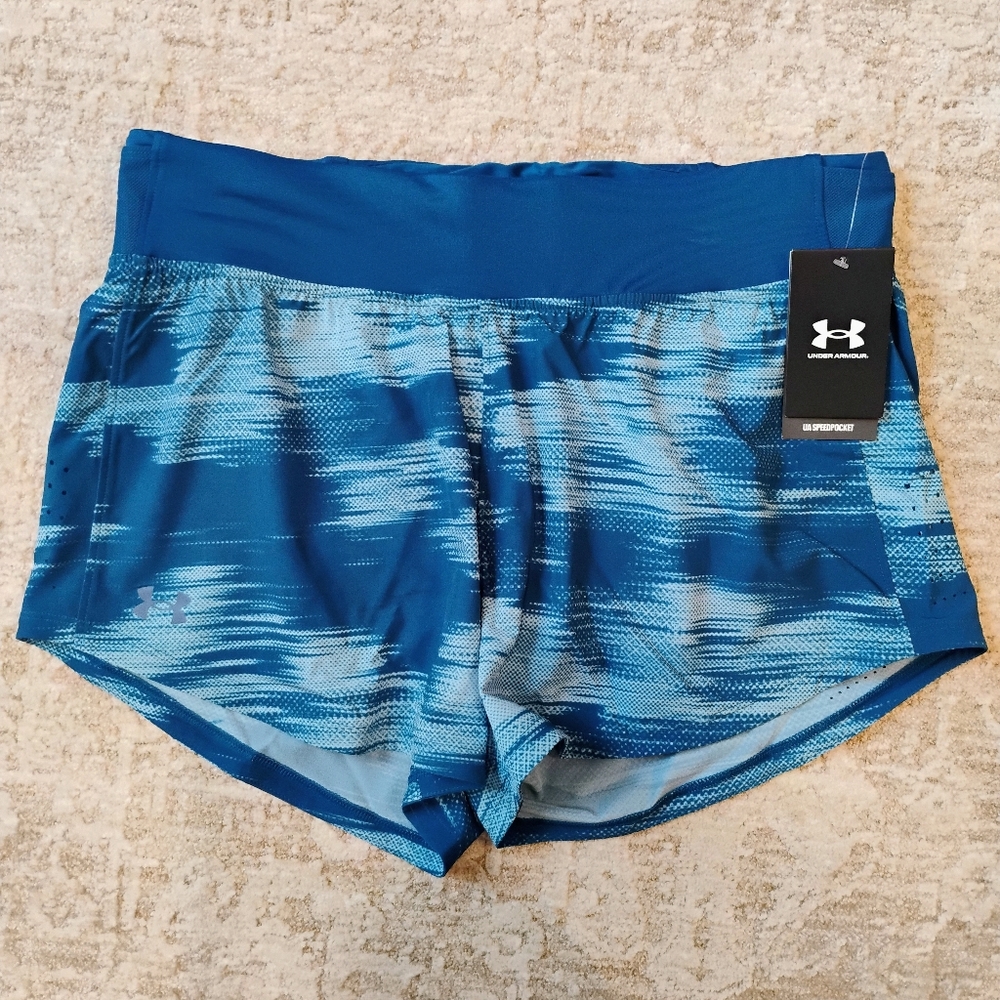 NWT L Under Armour UA SpeedPocket Teal Blue Print Active Gym Running Shorts NEW